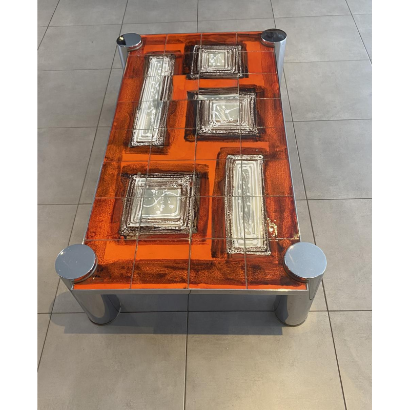 Coffee table in orange ceramic, cylindrical legs in chromed steel, 1960s