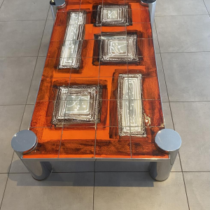 Coffee table in orange ceramic, cylindrical legs in chromed steel, 1960s