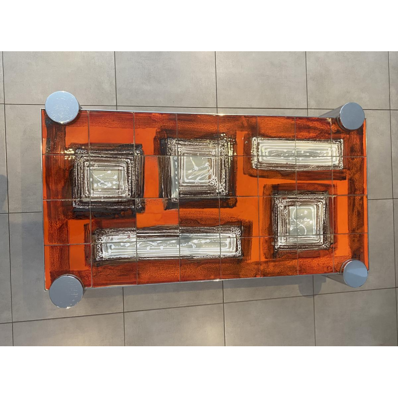 Coffee table in orange ceramic, cylindrical legs in chromed steel, 1960s