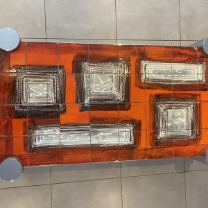 Coffee table in orange ceramic, cylindrical legs in chromed steel, 1960s