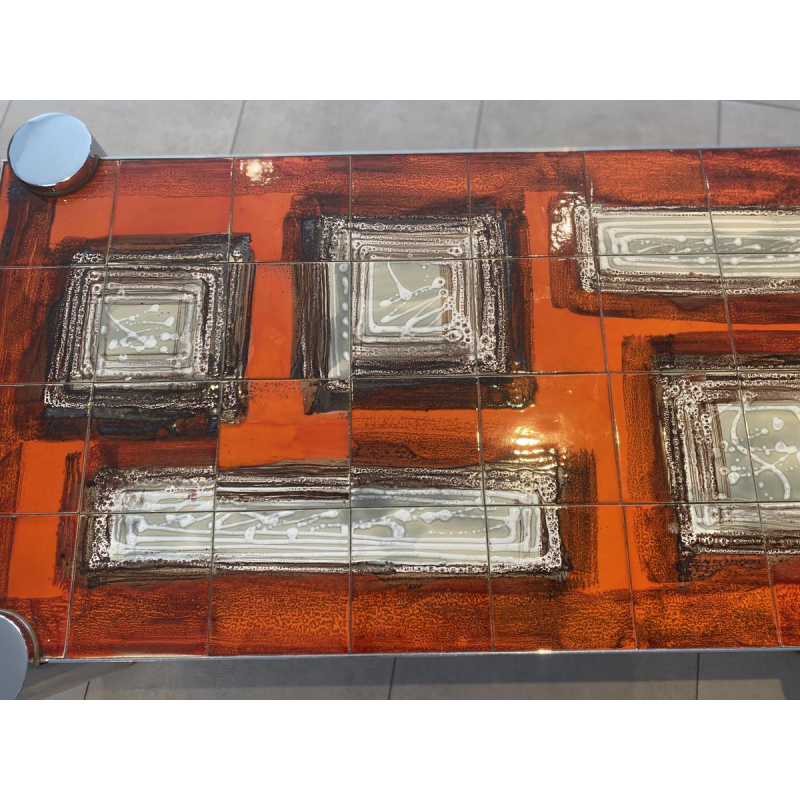 Coffee table in orange ceramic, cylindrical legs in chromed steel, 1960s