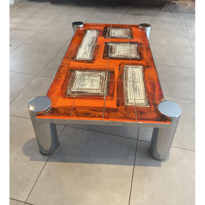 Coffee table in orange ceramic, cylindrical legs in chromed steel, 1960s