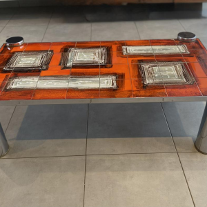 Coffee table in orange ceramic, cylindrical legs in chromed steel, 1960s