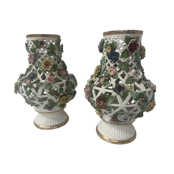 Saxon porcelain, pair of openwork polychrome baluster vases, 19th century