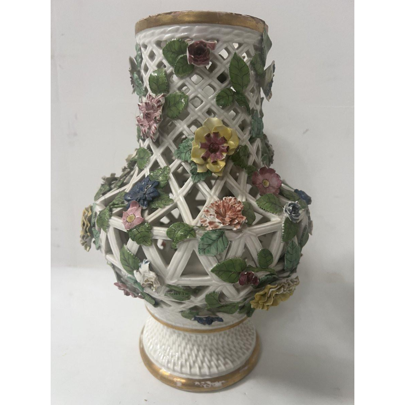 Saxon porcelain, pair of openwork polychrome baluster vases, 19th century