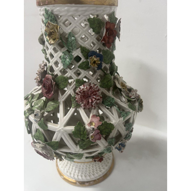 Saxon porcelain, pair of openwork polychrome baluster vases, 19th century