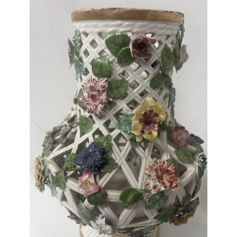 Saxon porcelain, pair of openwork polychrome baluster vases, 19th century