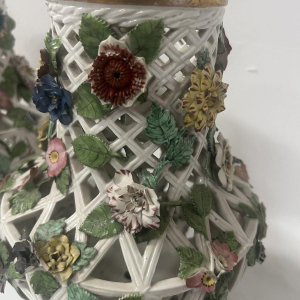 Saxon porcelain, pair of openwork polychrome baluster vases, 19th century