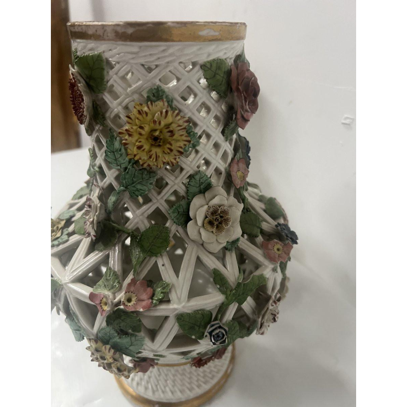 Saxon porcelain, pair of openwork polychrome baluster vases, 19th century