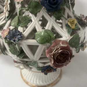 Saxon porcelain, pair of openwork polychrome baluster vases, 19th century