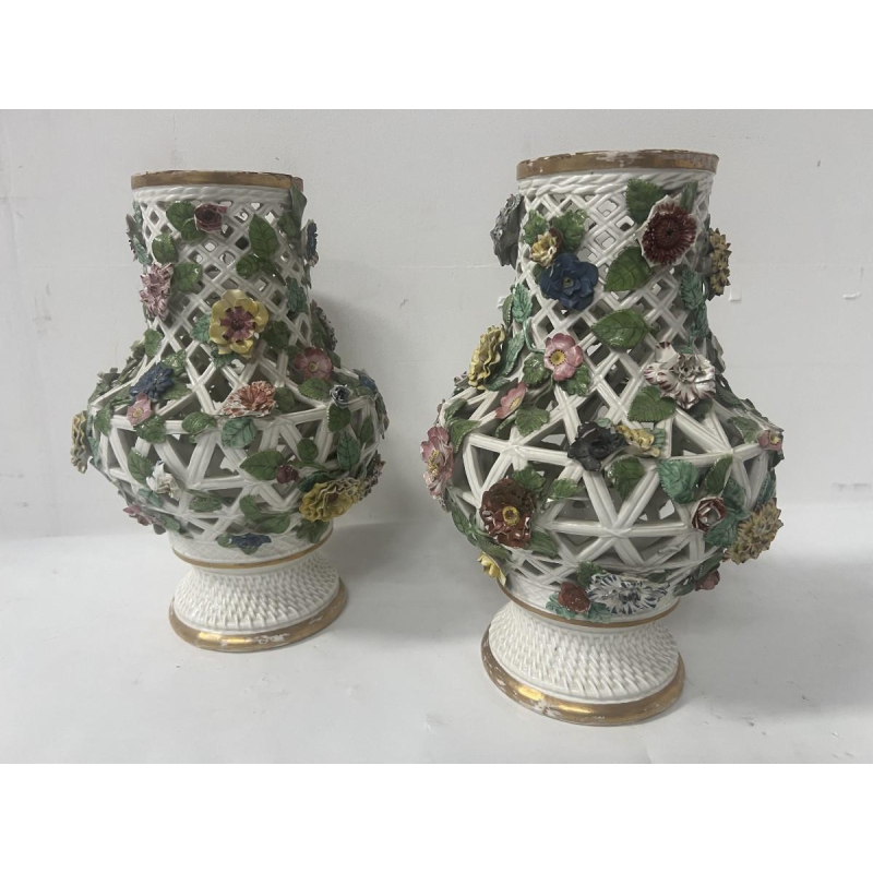 Saxon porcelain, pair of openwork polychrome baluster vases, 19th century