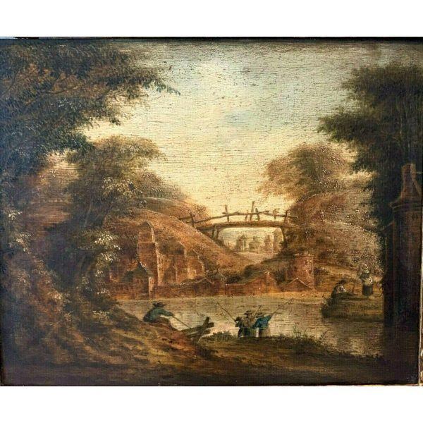 Oil on oak panel, animated landscape, 19th century