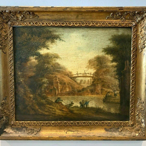 Huile sur panneau de chêne, paysage animé, XIXᵉ siècle