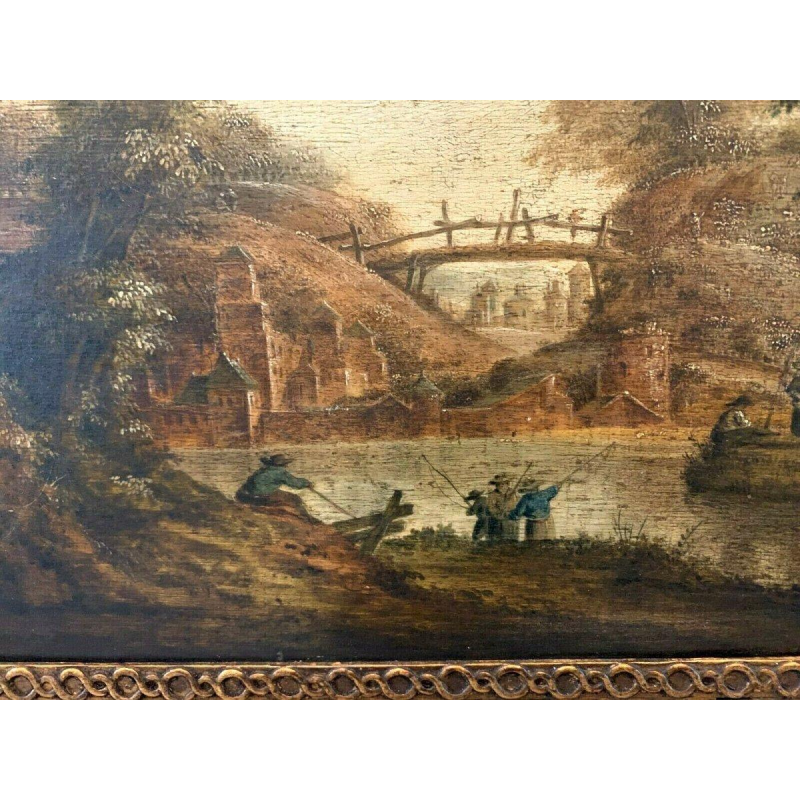 Oil on oak panel, animated landscape, 19th century