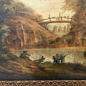 Oil on oak panel, animated landscape, 19th century
