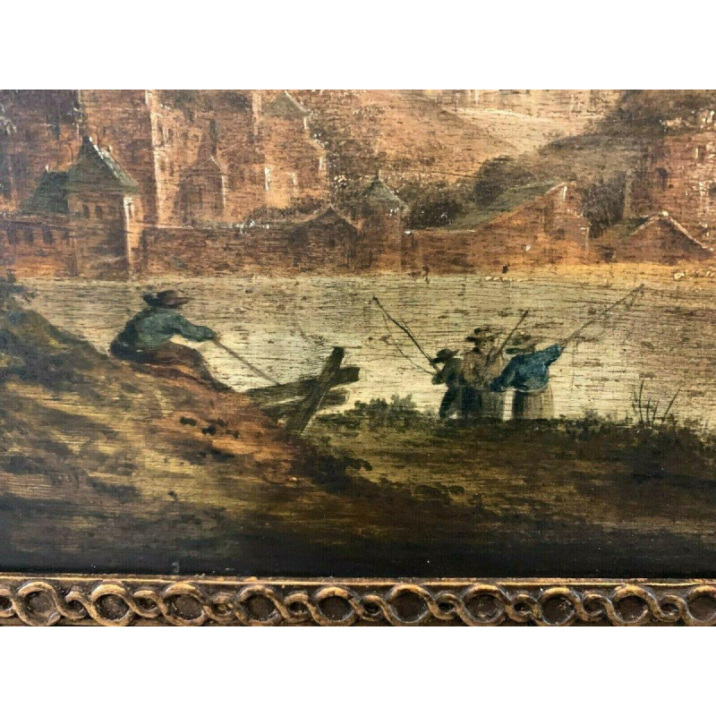 Oil on oak panel, animated landscape, 19th century