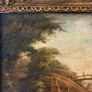 Oil on oak panel, animated landscape, 19th century