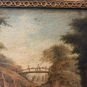 Olieverf op eikenhouten paneel, levendig landschap, 19e eeuw