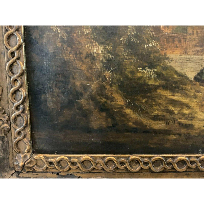 Oil on oak panel, animated landscape, 19th century