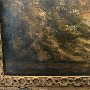 Oil on oak panel, animated landscape, 19th century