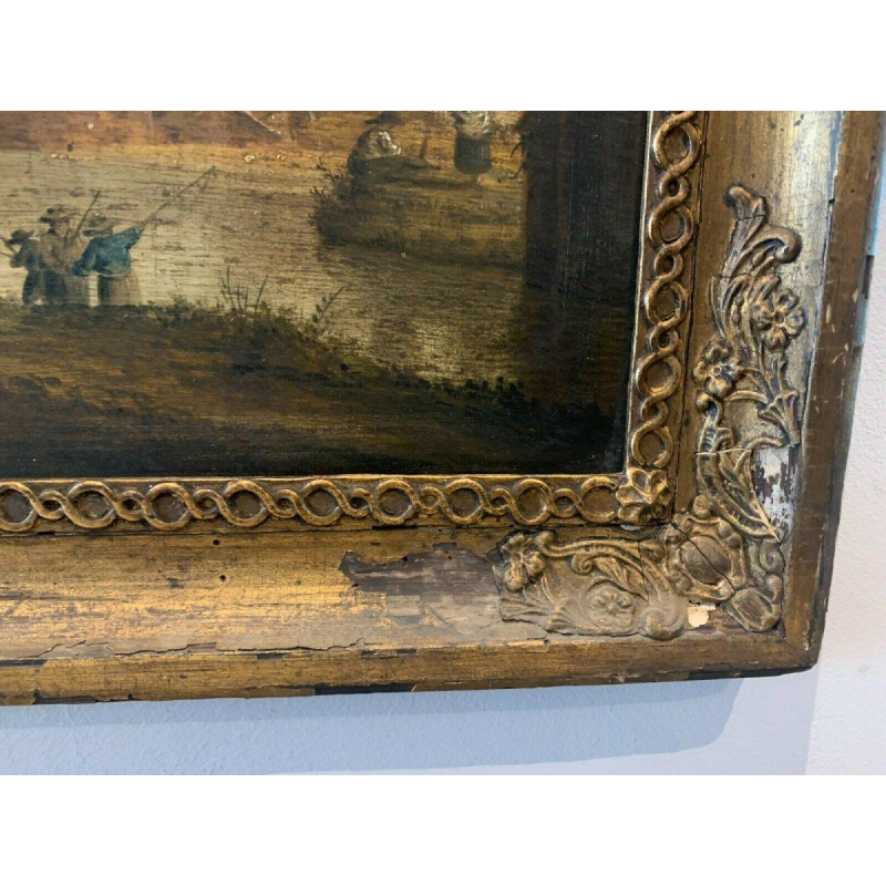 Huile sur panneau de chêne, paysage animé, XIXᵉ siècle