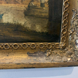 Oil on oak panel, animated landscape, 19th century