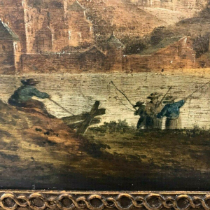 Olieverf op eikenhouten paneel, levendig landschap, 19e eeuw