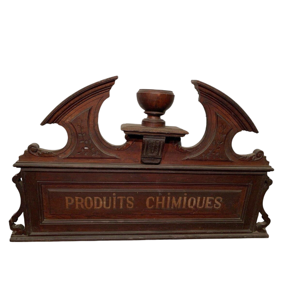 Napoleon III style pediment/top of a cabinet inscribed "Chemical Products," natural wood, 19th century