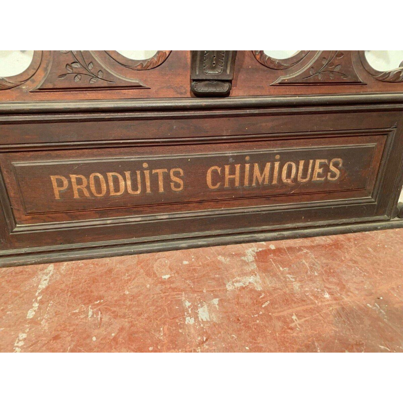 Napoleon III style pediment/top of a cabinet inscribed "Chemical Products," natural wood, 19th century