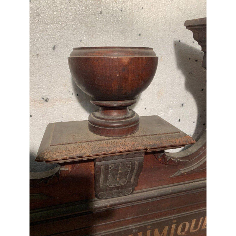 Napoleon III style pediment/top of a cabinet inscribed "Chemical Products," natural wood, 19th century