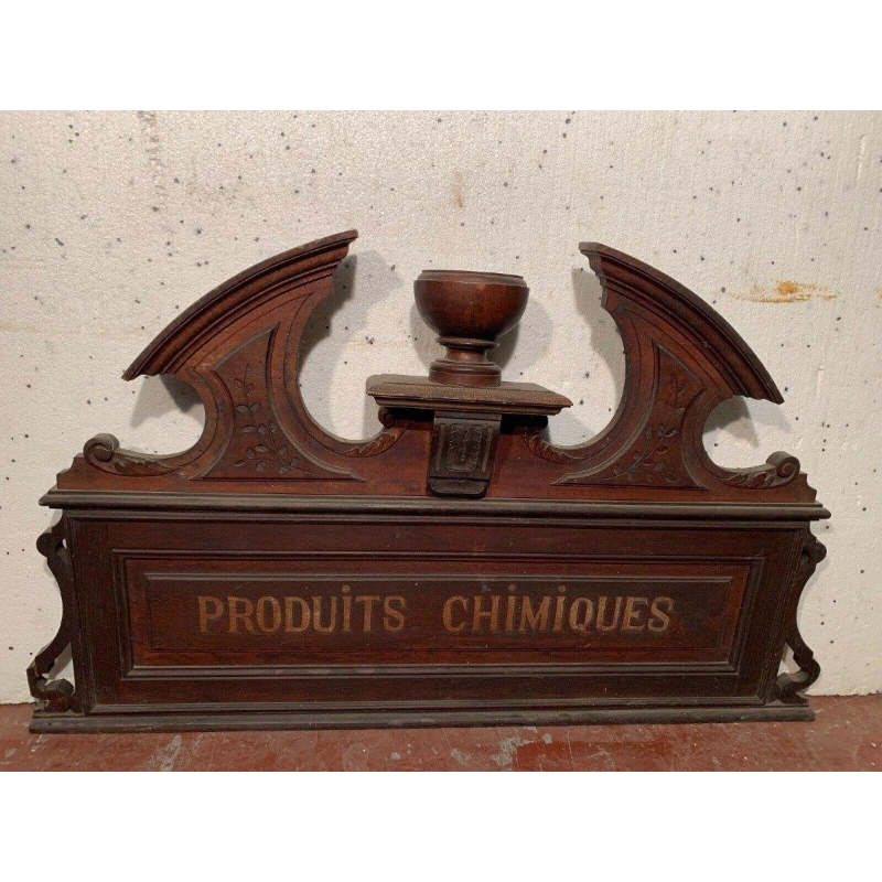 Napoleon III style pediment/top of a cabinet inscribed "Chemical Products," natural wood, 19th century
