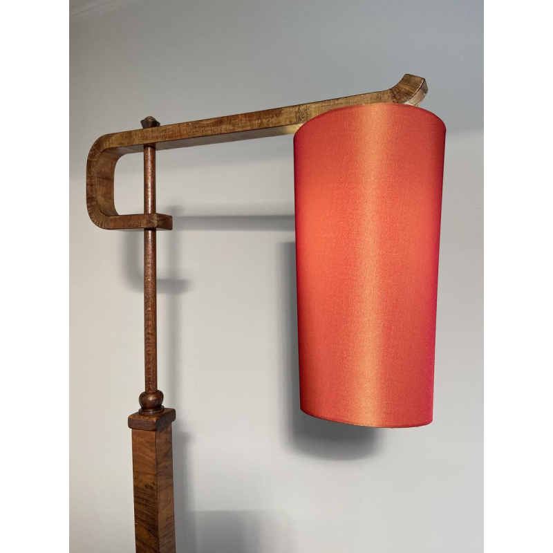 Lampadaire / liseuse en bois et placage avec abat-jour orange, ca 1950