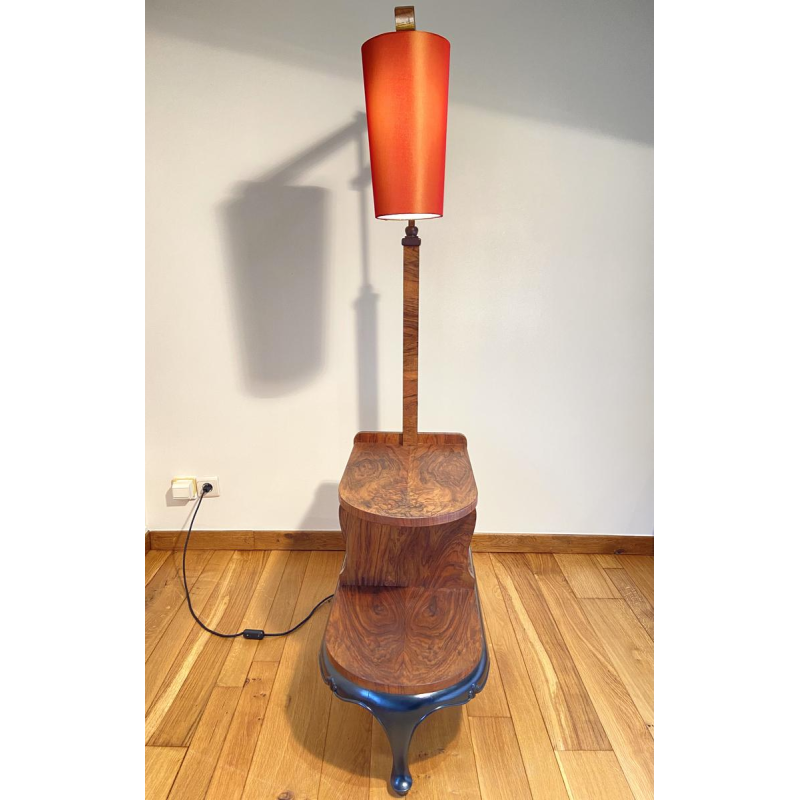Floor lamp/reading lamp in wood and veneer with orange lampshade, circa 1950