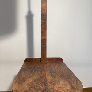 Floor lamp/reading lamp in wood and veneer with orange lampshade, circa 1950