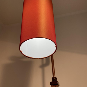 Floor lamp/reading lamp in wood and veneer with orange lampshade, circa 1950