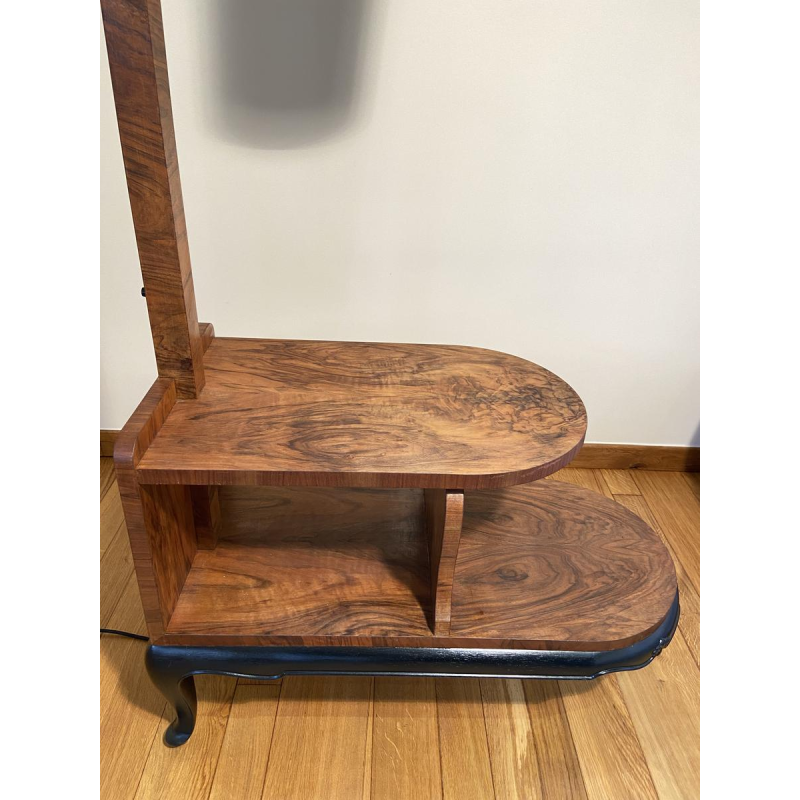 Lampadaire / liseuse en bois et placage avec abat-jour orange, ca 1950