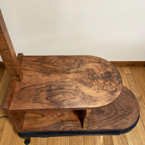 Lampadaire / liseuse en bois et placage avec abat-jour orange, ca 1950