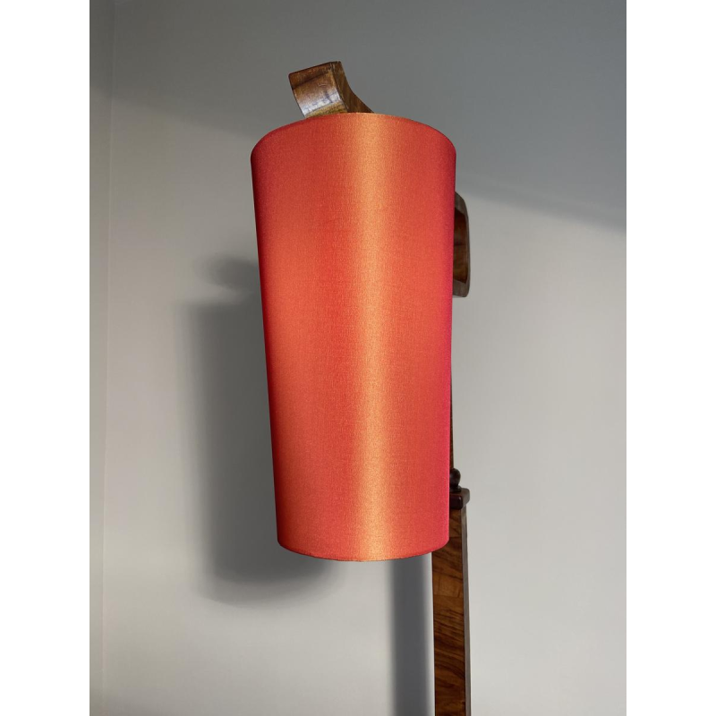 Lampadaire / liseuse en bois et placage avec abat-jour orange, ca 1950