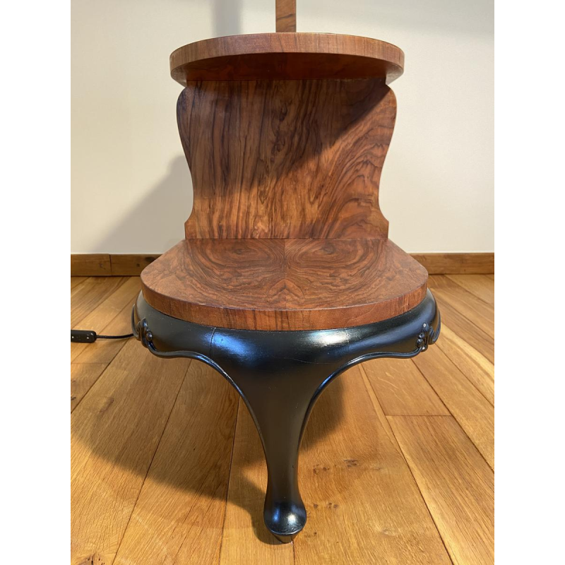 Staande lamp/leeslamp van hout en fineer met oranje lampenkap, circa 1950.