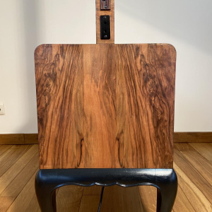 Floor lamp/reading lamp in wood and veneer with orange lampshade, circa 1950