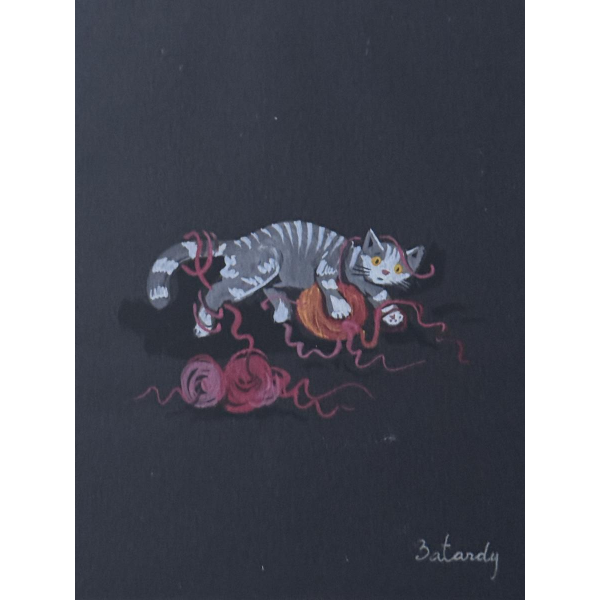 Marie-Louise BATARDY “The cat playing with balls of yarn” painting on paper, naive art style