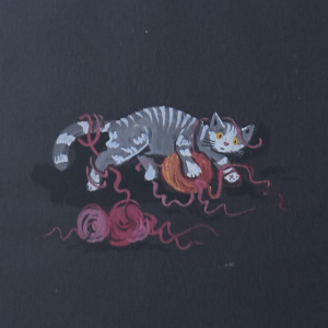 Marie-Louise BATARDY “The cat playing with balls of yarn” painting on paper, naive art style