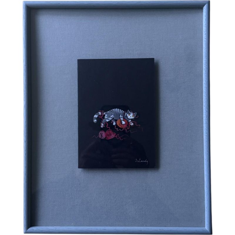 Marie-Louise BATARDY «Le chat qui joue avec les pelotes de laine» peinture sur papier d’art naïf
