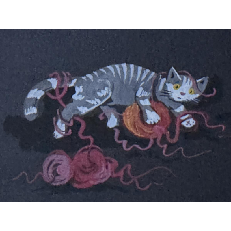 Marie-Louise BATARDY “The cat playing with balls of yarn” painting on paper, naive art style