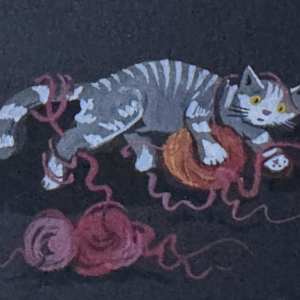 Marie-Louise Batardy “De kat die met bollen garen speelt”, schilderij op papier, naïeve kunststijl