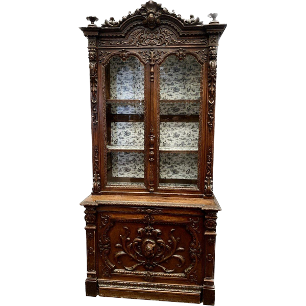 Vitrine deux corps de style Renaissance, noyer massif, époque Napoléon III, fin XIXe siècle