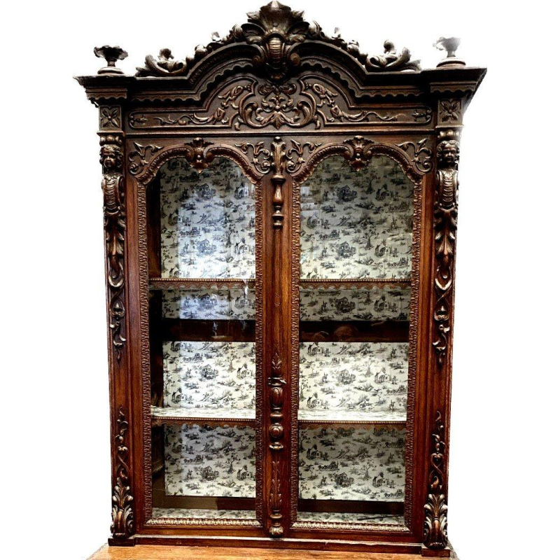 Tweedelige vitrinekast in renaissancestijl, massief walnotenhout, periode Napoleon III, eind 19e eeuw