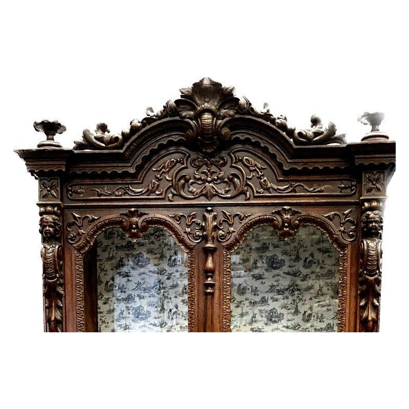 Vitrine deux corps de style Renaissance, noyer massif, époque Napoléon III, fin XIXe siècle