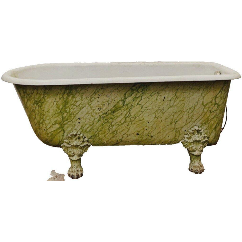 Enameled cast iron bathtub, faux marble patina, claw feet, 19th century