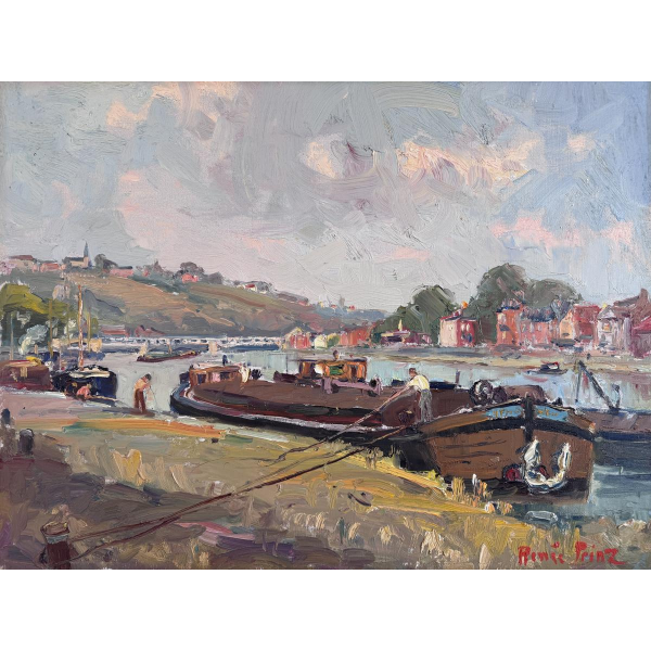 Renée PRINZ «Bateliers sur la Meuse à Namur» peinture huile sur toile